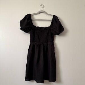 J. Crew S Womens Black Linen Puff Sleeve Smocked Squade Mini Dress